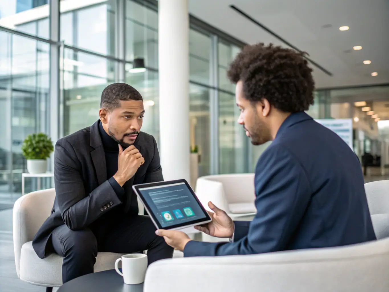 A professional cybersecurity consultant is advising a client in a modern office setting, discussing security strategies and compliance.