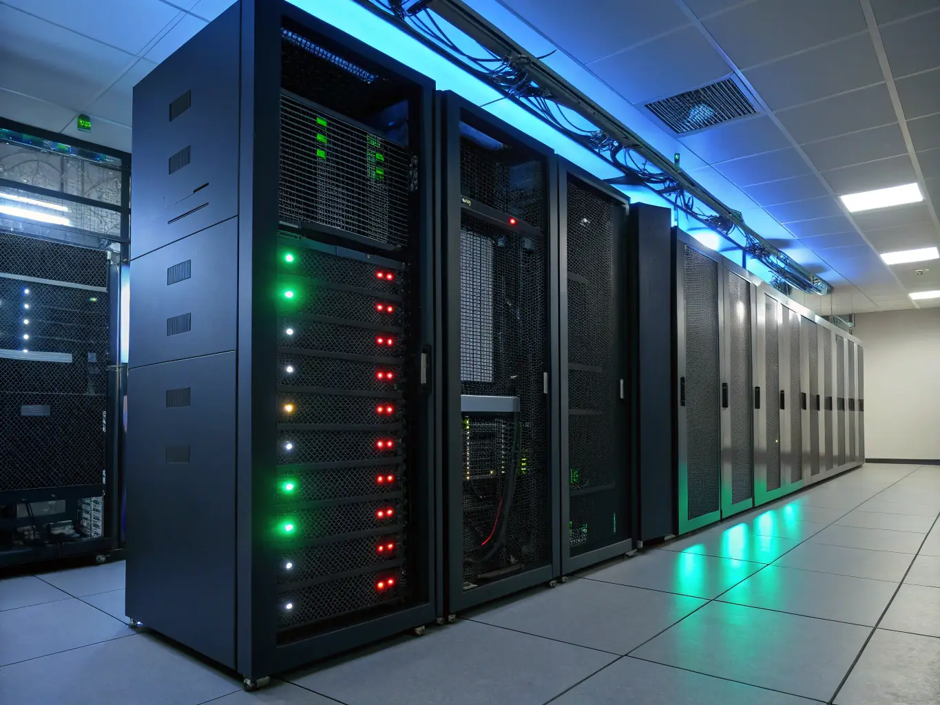 An image of a secure server room with multiple servers and blinking lights, symbolizing data protection and security.