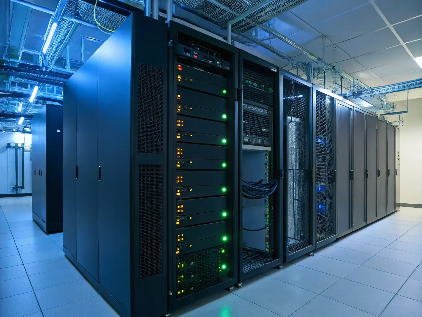 A server room with backup systems running, emphasizing the importance of data backup and disaster recovery.