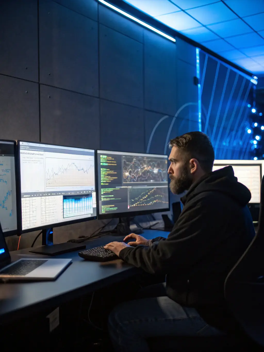 A professional cybersecurity expert analyzing network traffic on a computer screen, highlighting real-time threat detection and response.