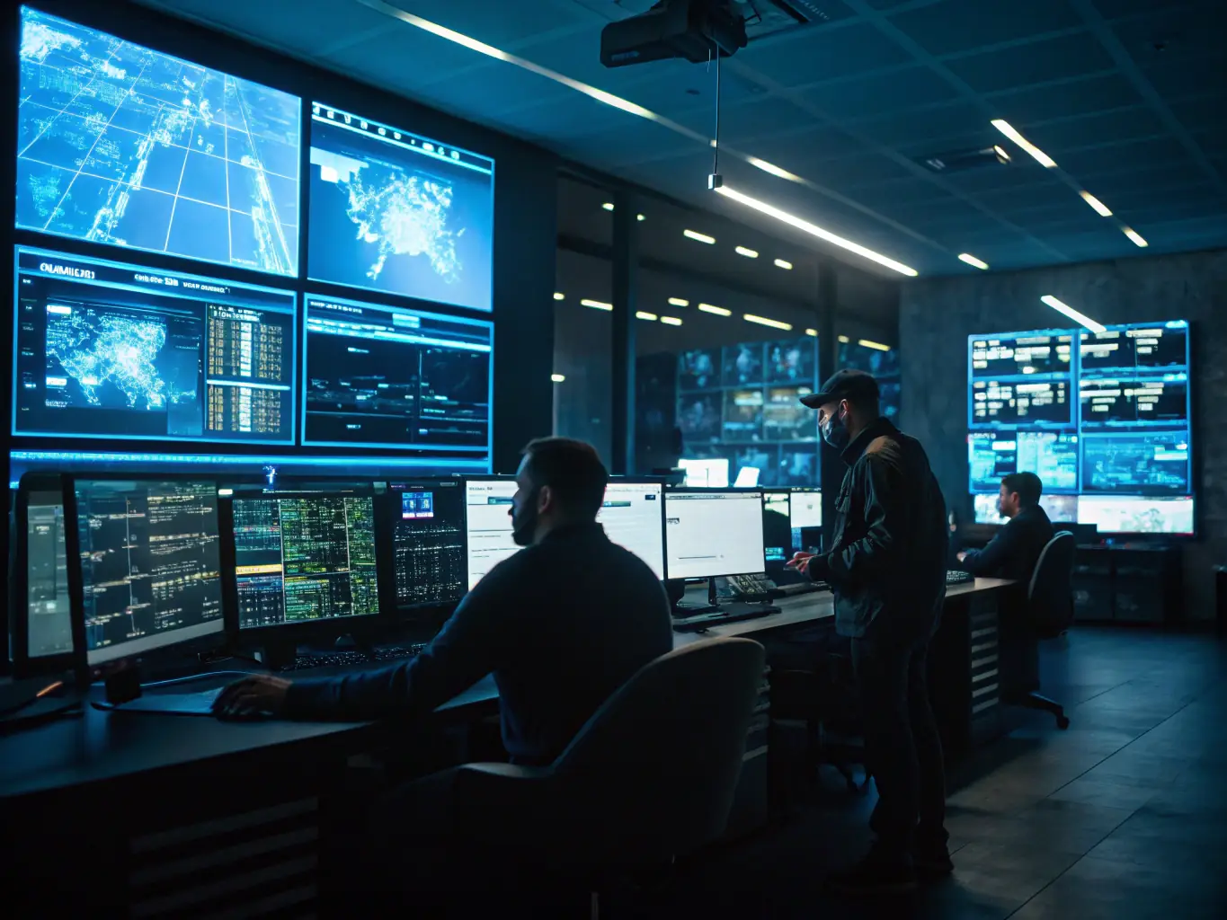 An image showing a network security operation center with analysts monitoring threat dashboards and responding to alerts in real-time.